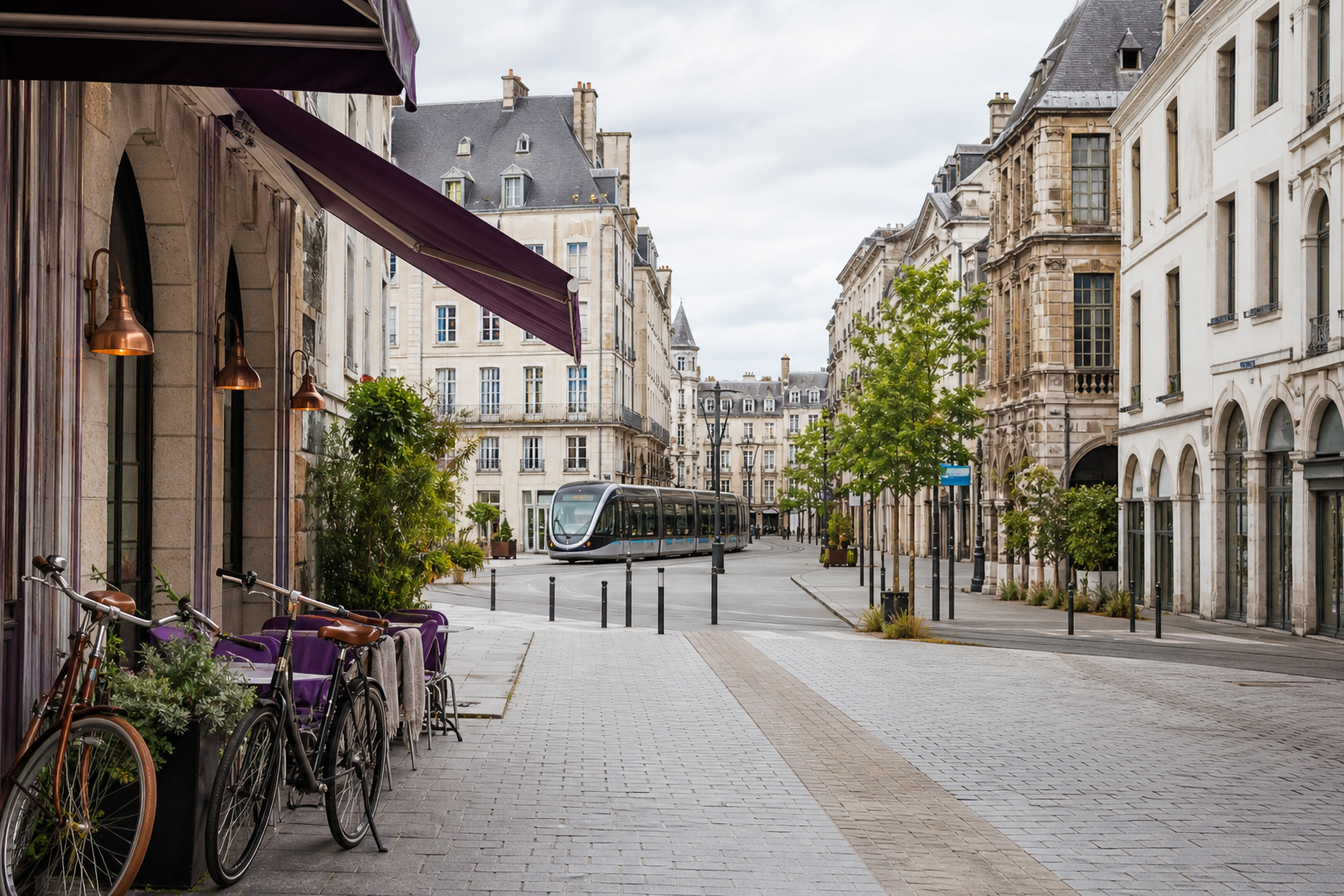 Rustig Europees stadsplein met fietsen, terras en een tram in de verte